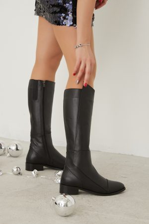 AMELA Black Leather Women's High Boots