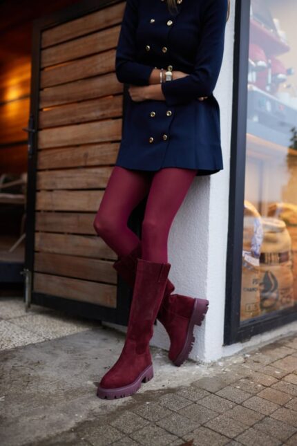 ZAYLEE Burgundy Suede Leather Women's High Boots