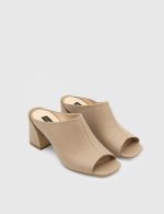 GLORIA Beige Leather Women's Heeled Slide - Image 3
