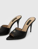 SOLEN Black Leather Women's Heeled Slide - Image 2